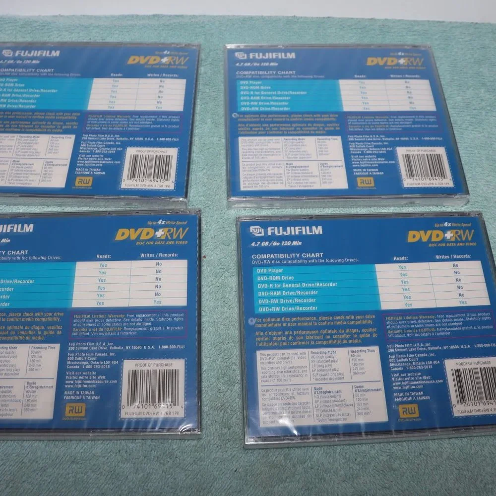 Lot of 4 DVD-RW Fujifilm Discs DVDs 120 Min 4.7GB Jewel Cases Brand New